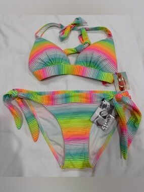 NWT Victoria’s Secret Rainbow Striped Halter Bikini Size XS